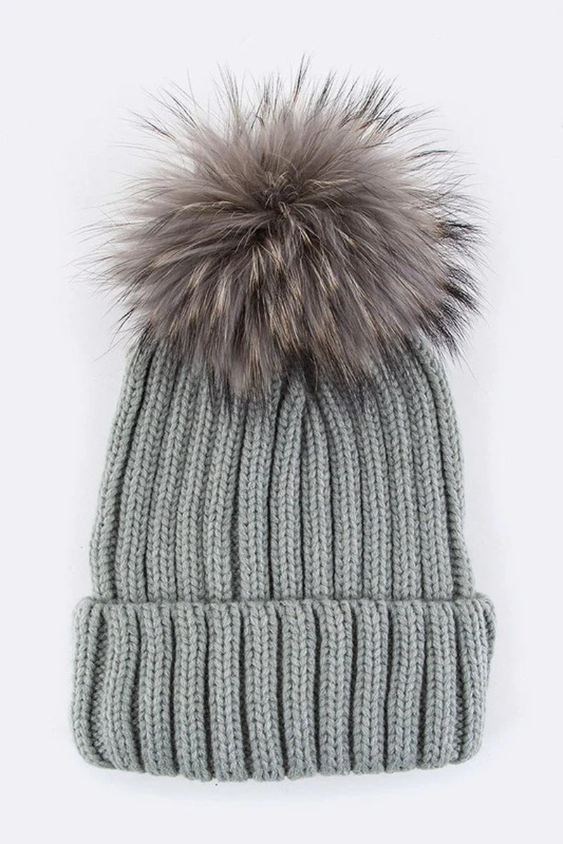 Raccoon Fur Pompom Beanie