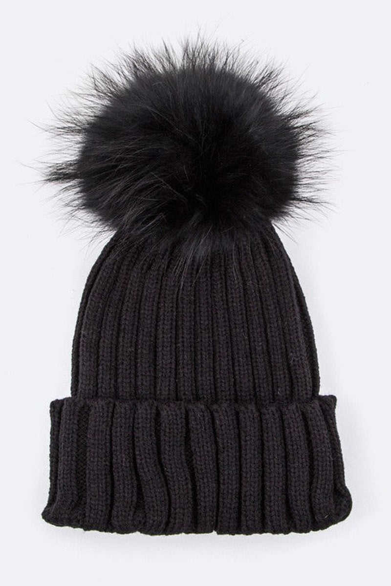 Raccoon Fur Pompom Beanie