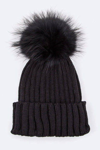 Raccoon Fur Pompom Beanie