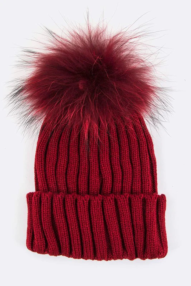 Raccoon Fur Pompom Beanie