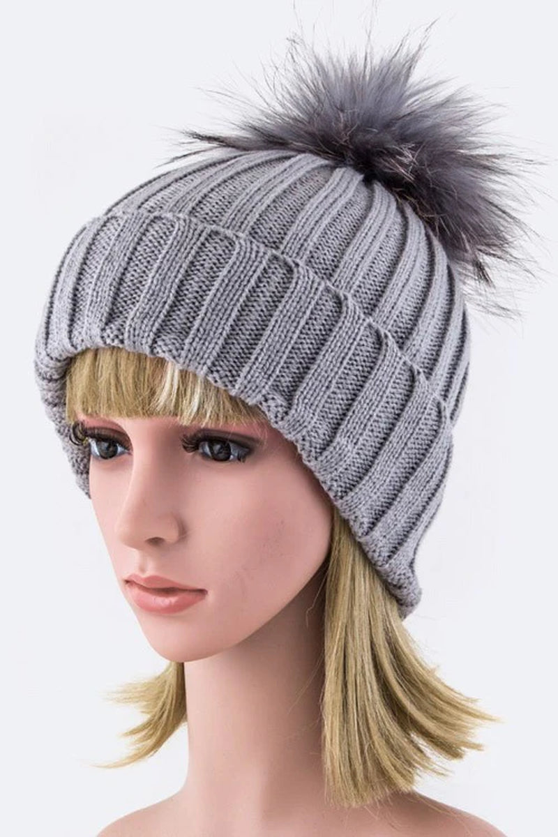 Raccoon Fur Pompom Beanie
