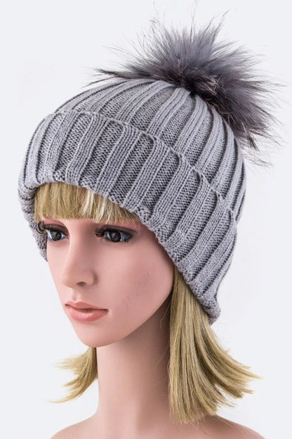 Raccoon Fur Pompom Beanie