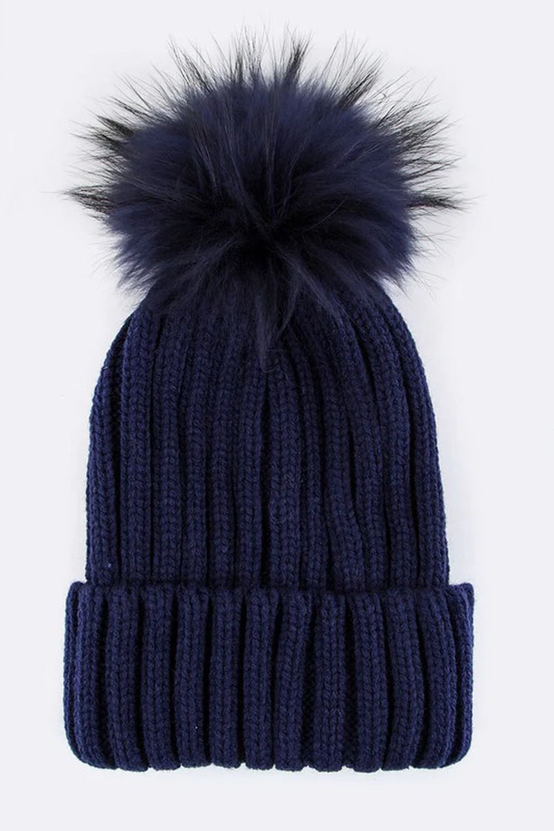 Raccoon Fur Pompom Beanie