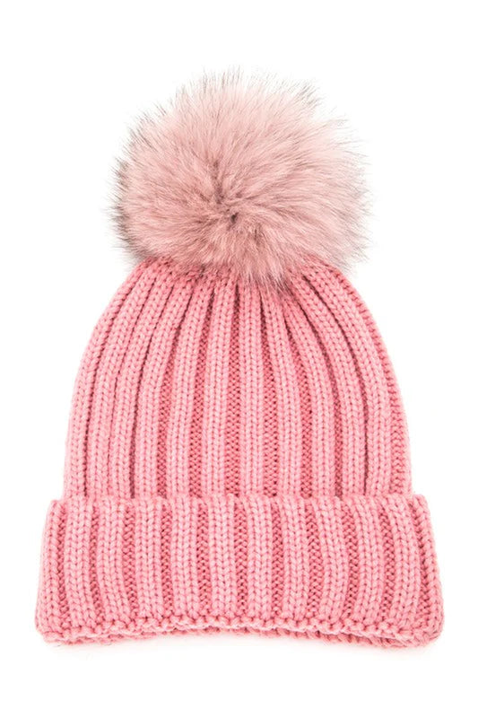 Raccoon Fur Pompom Beanie