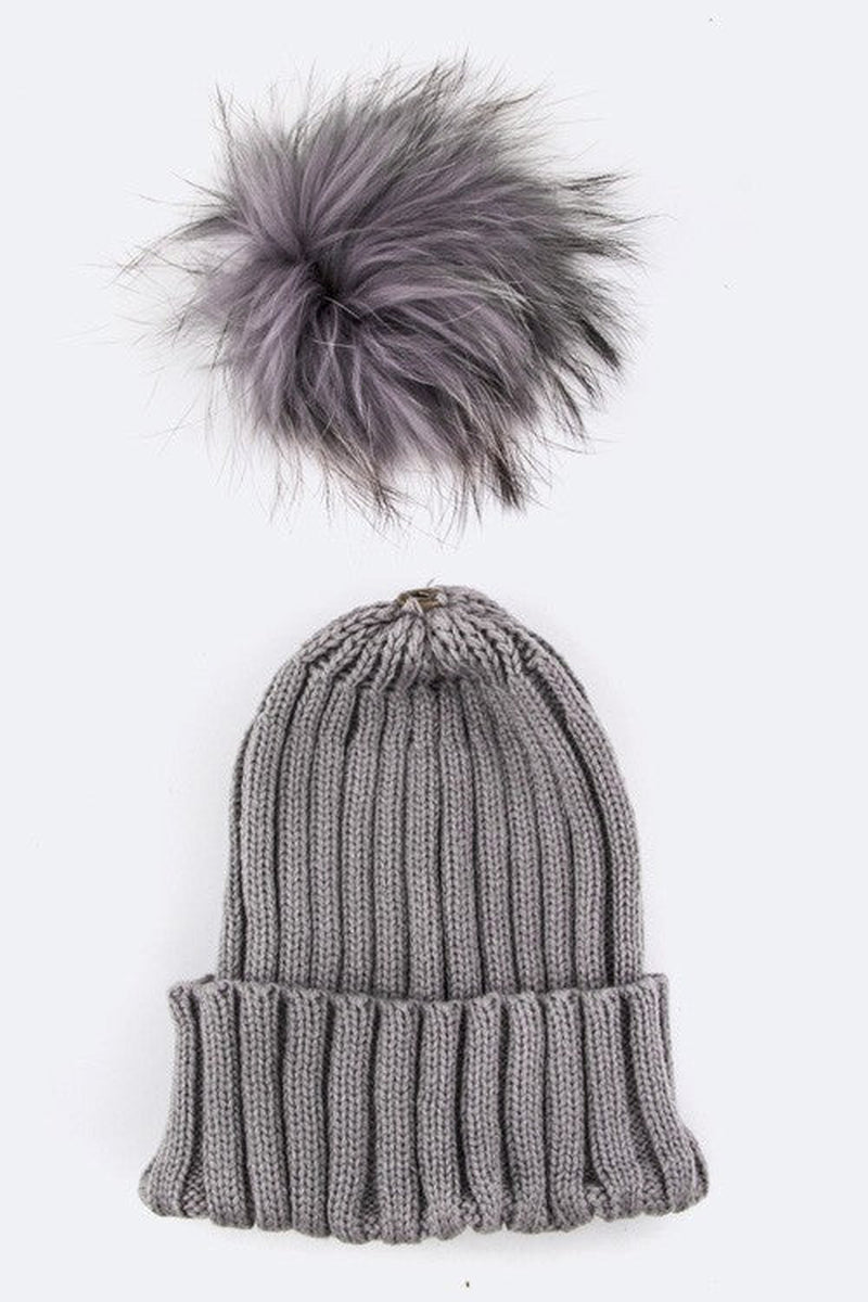 Raccoon Fur Pompom Beanie