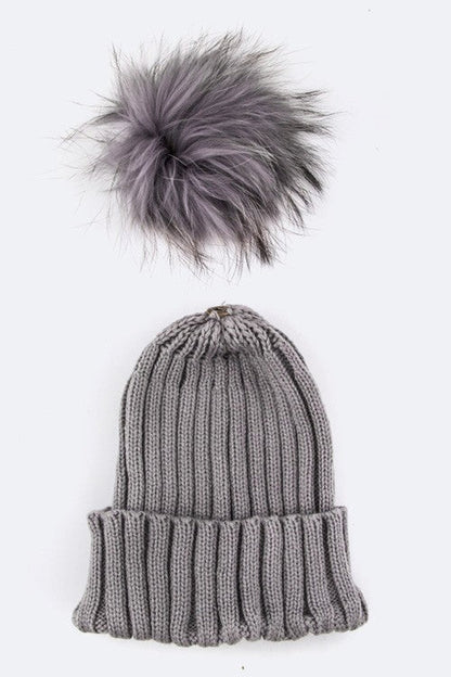 Raccoon Fur Pompom Beanie